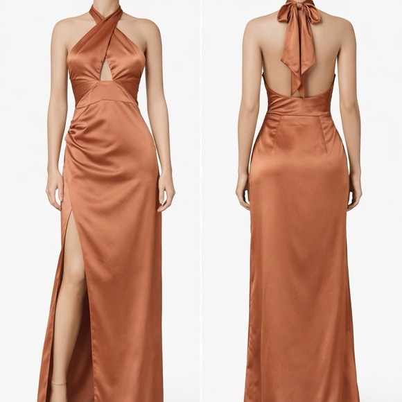 Show Me Your Mumu Adele Halter Maxi Dress Womens Large Copper Brown Luxe Satin - Picture 3 of 16